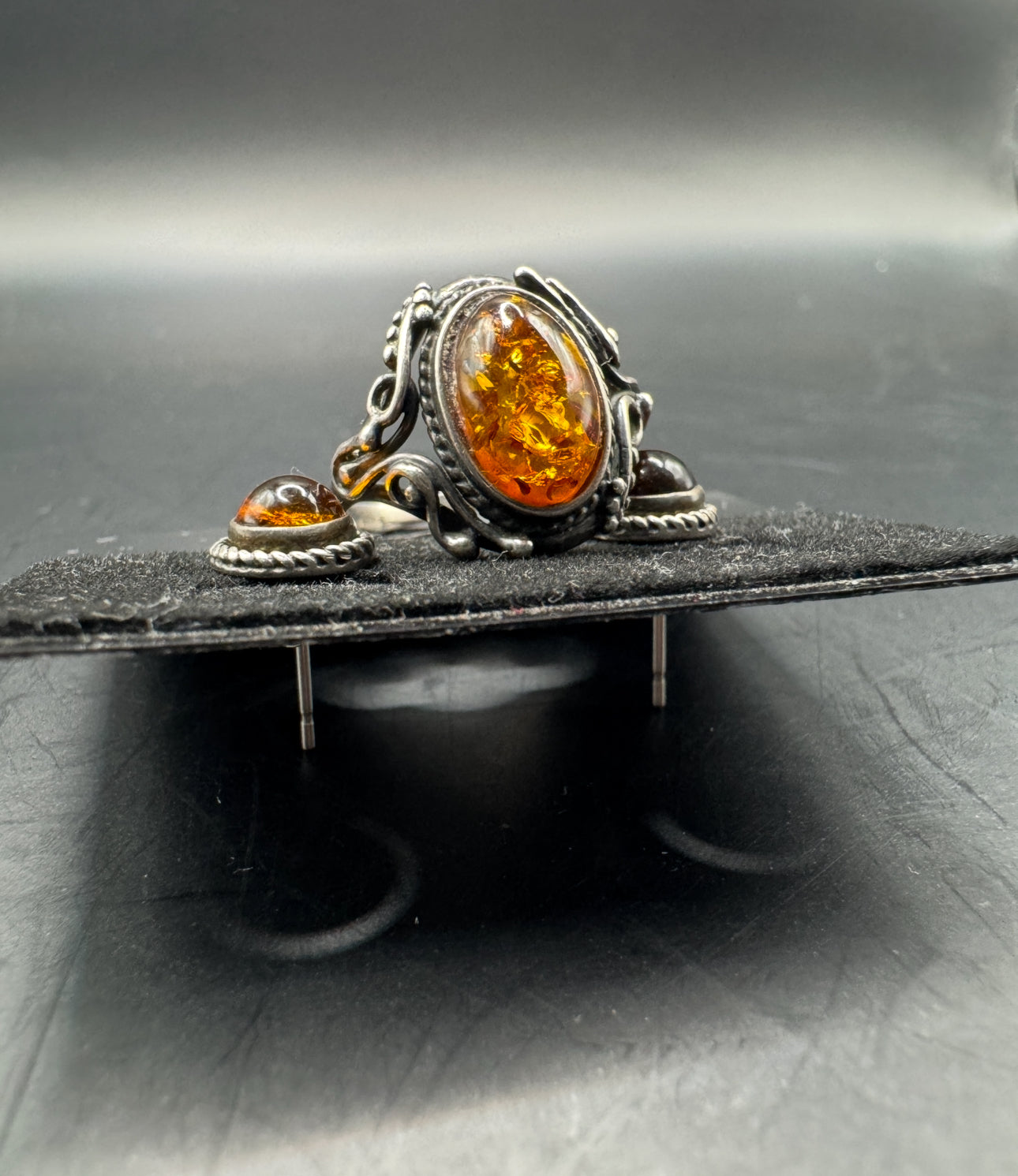 Vintage Sterling Silver 925 Baltic Amber Jewelry Set – Ring Size 7.5 & Stud Earrings