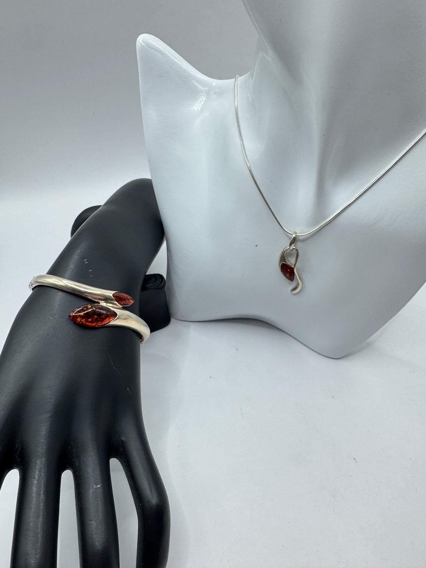 Silver 925 Amber Necklace and Bangle Set