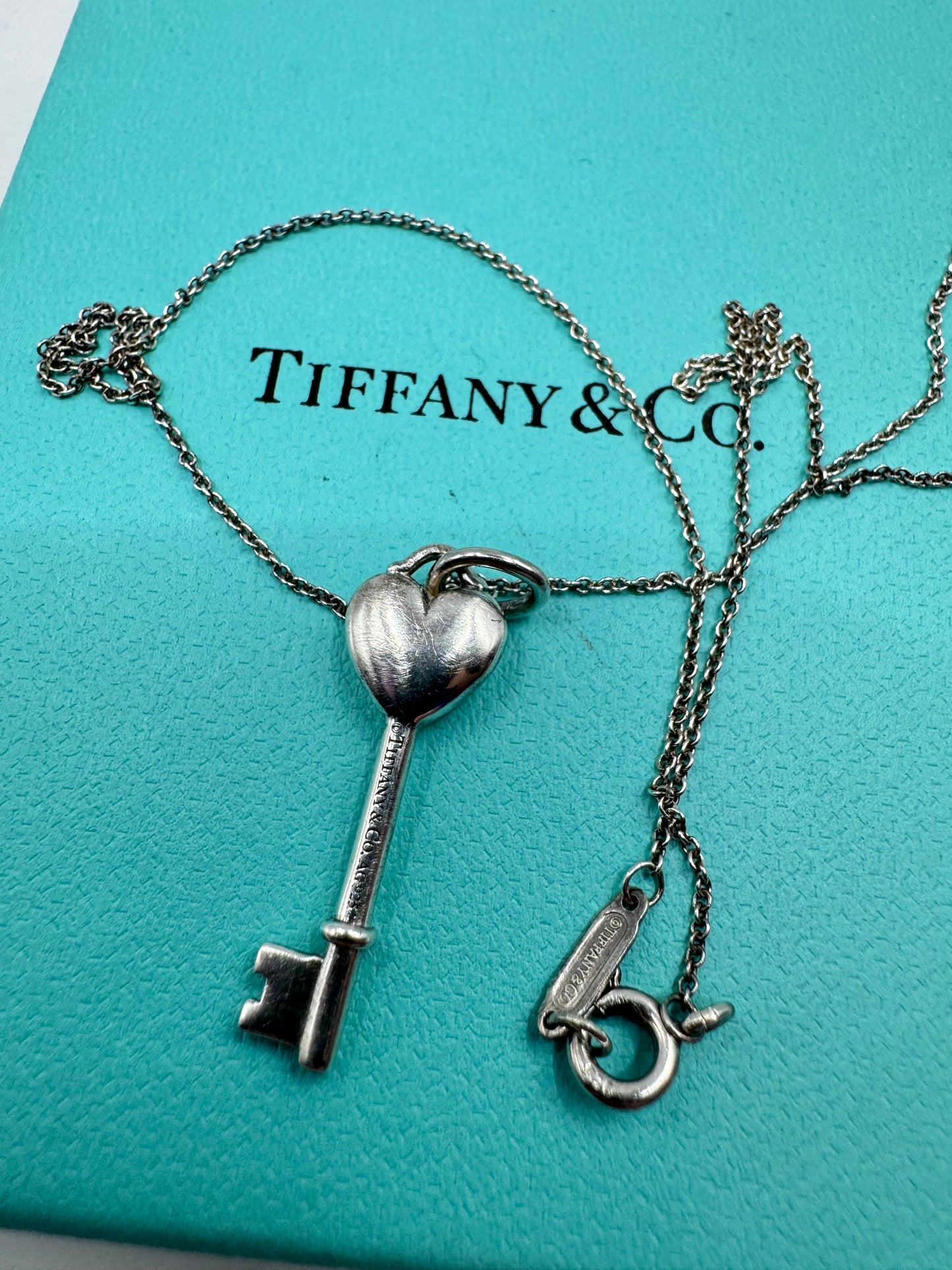 Tiffany & Co. Sterling Silver Heart Key Necklace – Turquoise Enamel