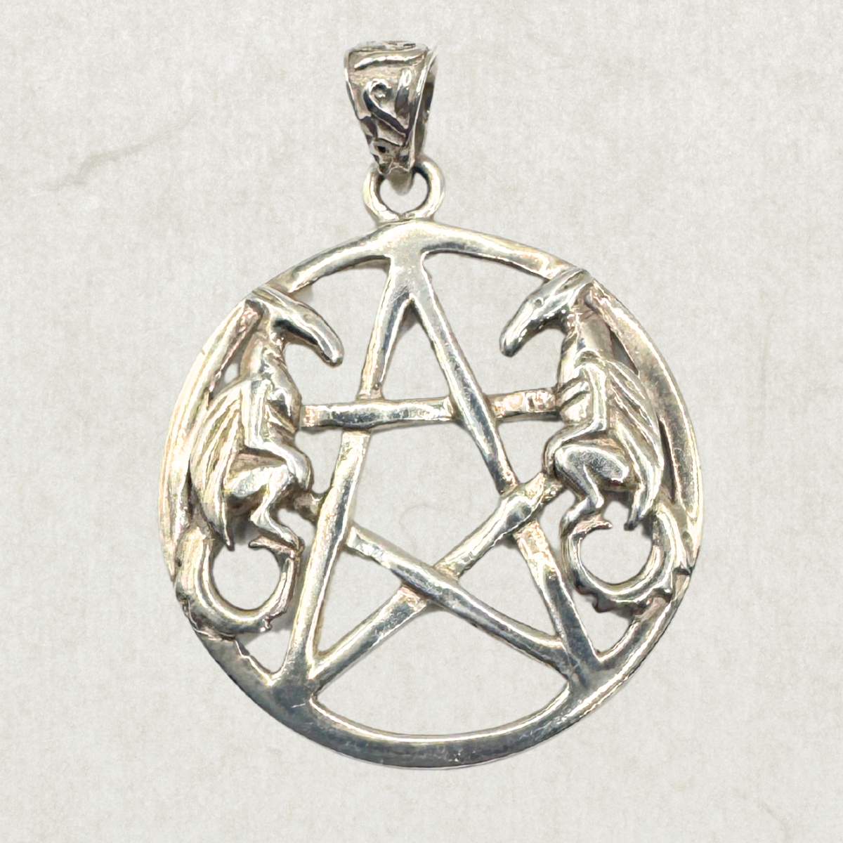 Vintage Sterling Silver Pendant – Large Pentagram with Dragons