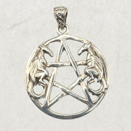 Vintage Sterling Silver Pendant – Large Pentagram with Dragons