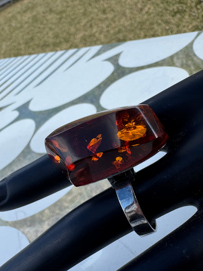 Vintage Amber Ring Sterling Silver Large Cognac Amber Statement Ring Sz 9.5