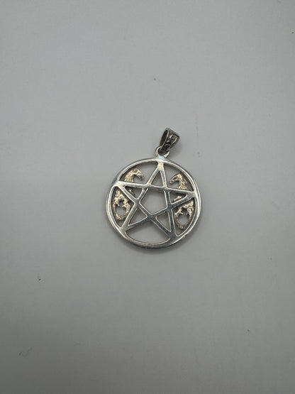Vintage Sterling Silver Pendant – Large Pentagram with Dragons