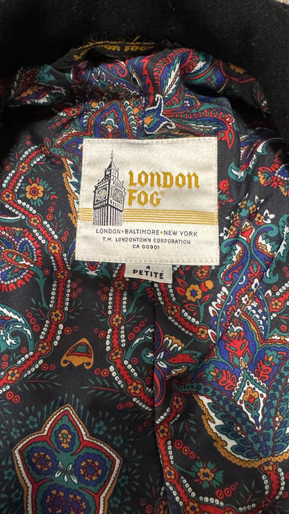 Vintage London Fog Wool Coat – Size 4 Petite, Black, Paisley Lined, Double-Breasted