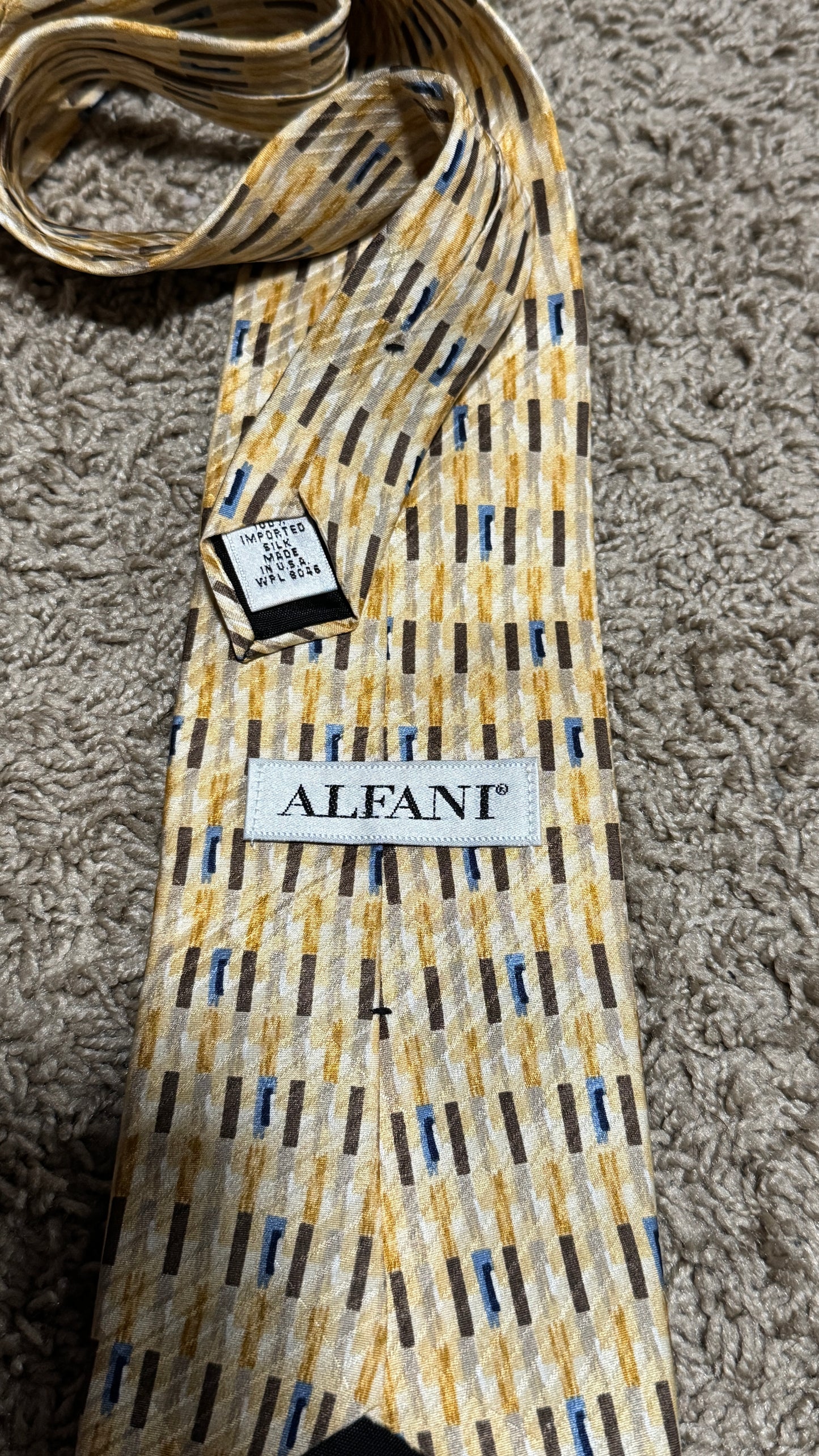 Vintage Alfani Silk Tie – Abstract Linear Pattern, Beige & Gold with Blue Accents, 100% Silk, 56”