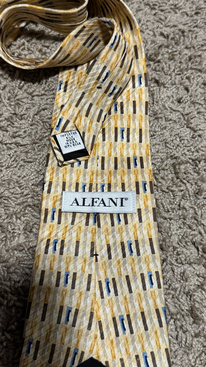 Vintage Alfani Silk Tie – Abstract Linear Pattern, Beige & Gold with Blue Accents, 100% Silk, 56”