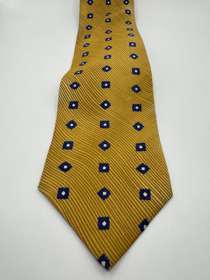 Vintage Stefano Conti 100% Silk Tie – Gold with Blue Geometric Pattern, 60” x 4”