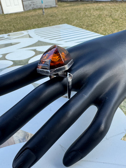 Vintage Modernist Amber Ring Sterling Silver Geometric Brutalist Style Sz 7.5