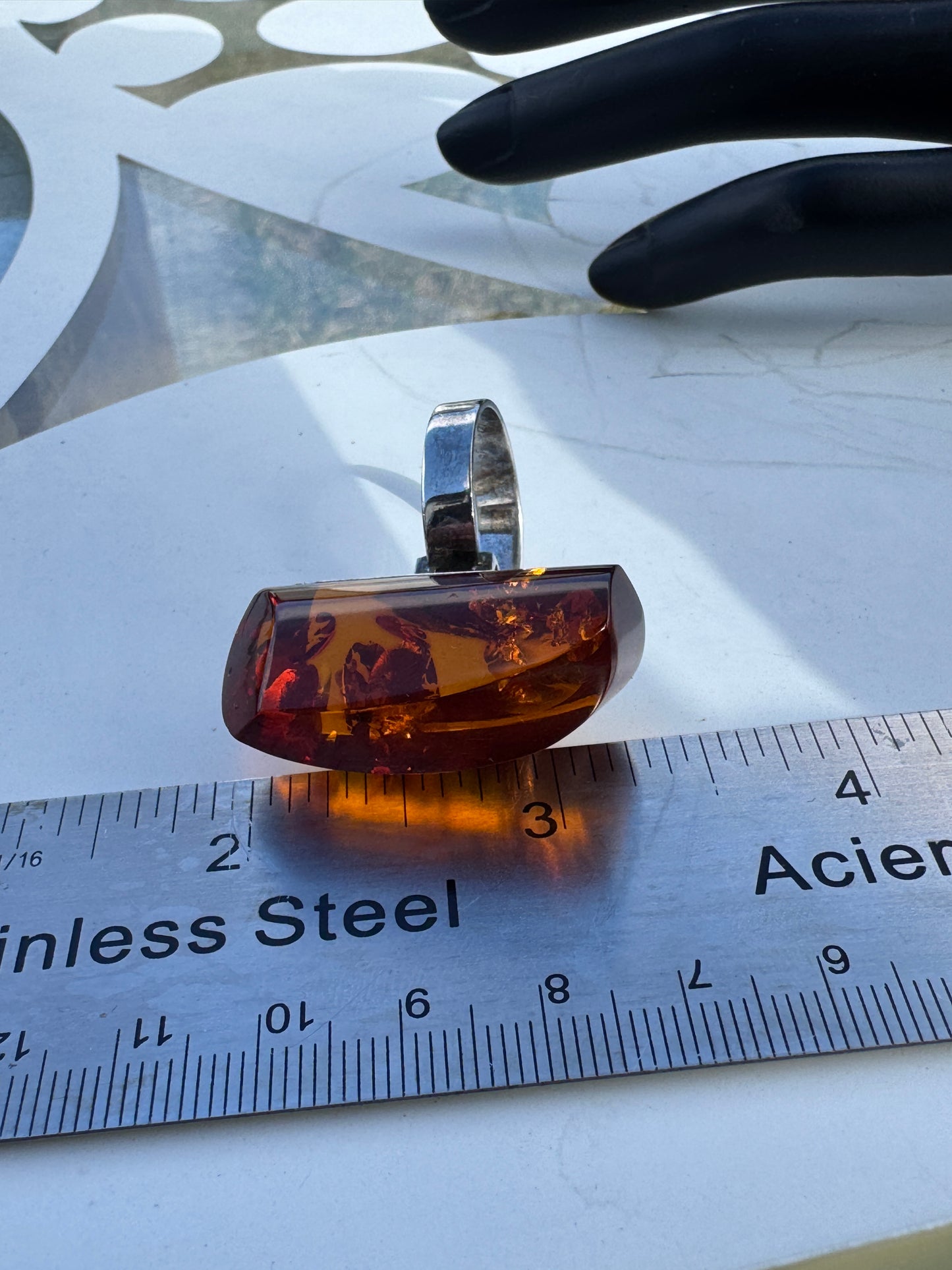 Vintage Amber Ring Sterling Silver Large Cognac Amber Statement Ring Sz 9.5