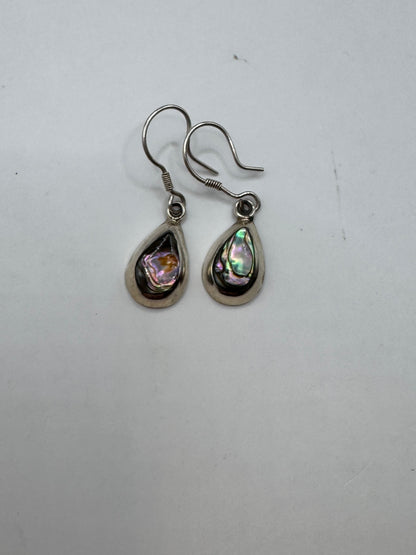 Vintage Sterling Silver Teardrop Dangle Earrings with Abalone Shell Inlay