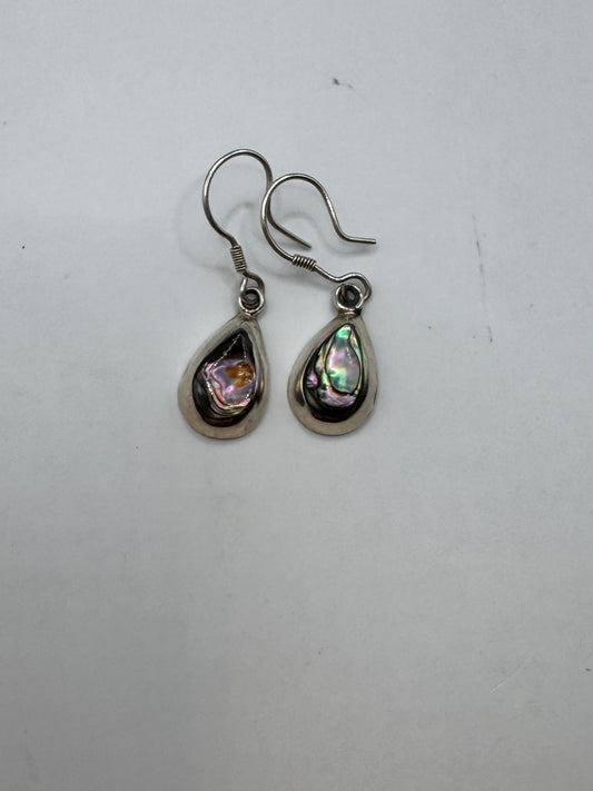 Vintage Sterling Silver Teardrop Dangle Earrings with Abalone Shell Inlay