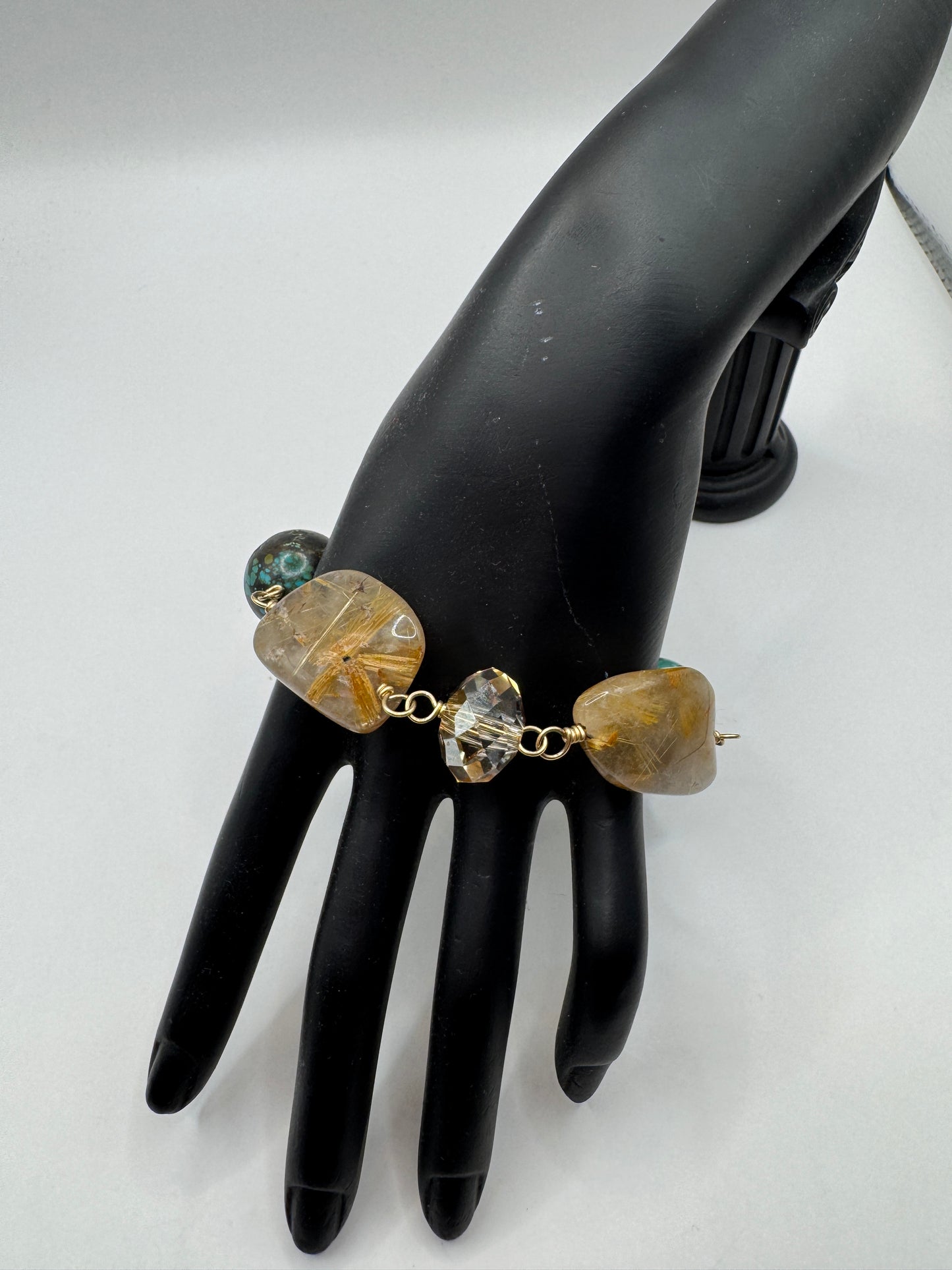 Vintage Sterling Silver Bracelet – Turquoise & Rutilated Quartz Cabochon, Golden Flax Accents