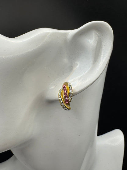Vintage 14K Gold Filled Crystal & Pink Rhinestone Earrings – Elegant Half Hoop Studs