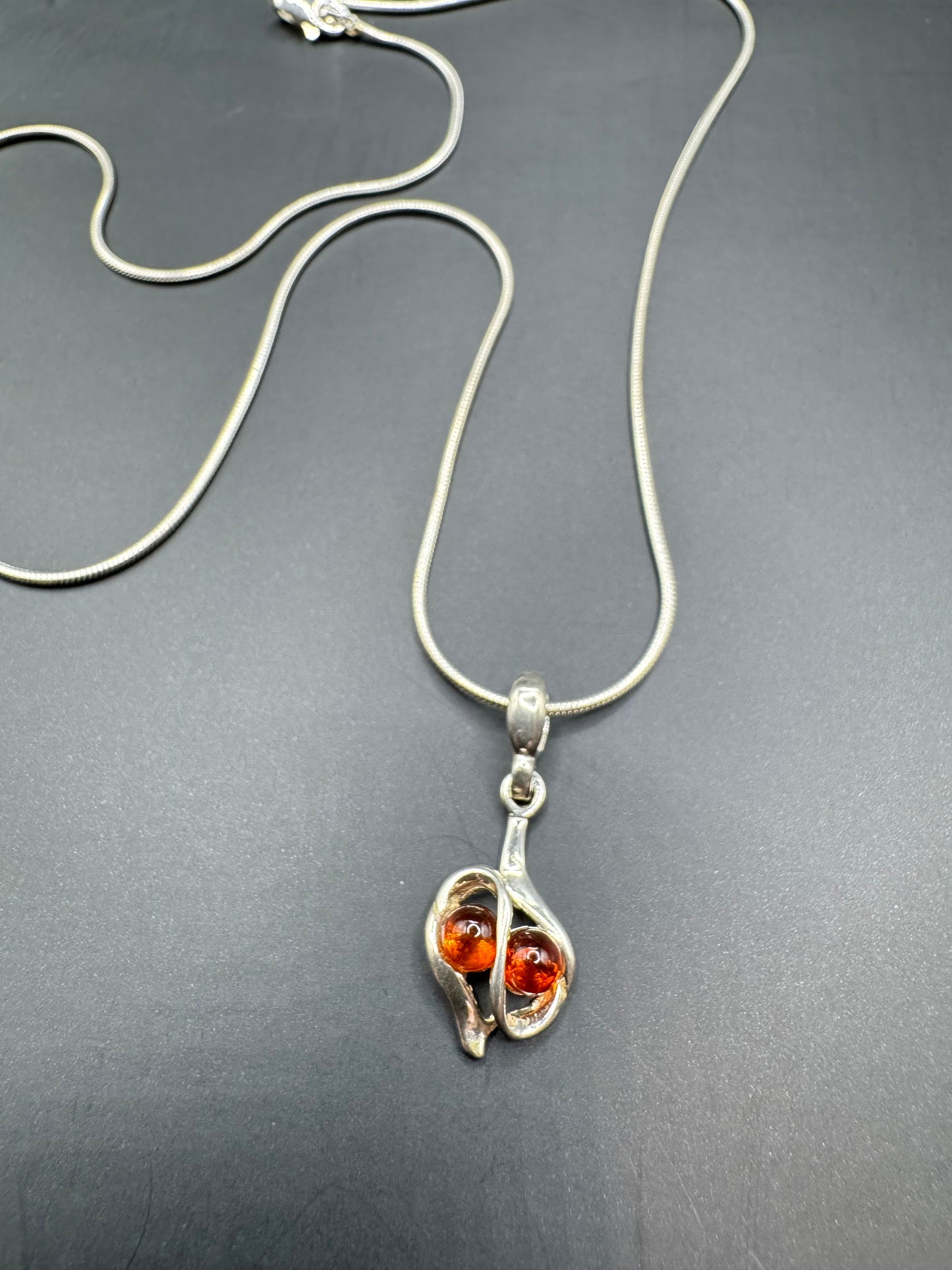 Amber Drop Pendant Necklace – 925 Sterling Silver, 17” Chain