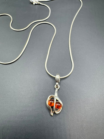Amber Drop Pendant Necklace – 925 Sterling Silver, 17” Chain