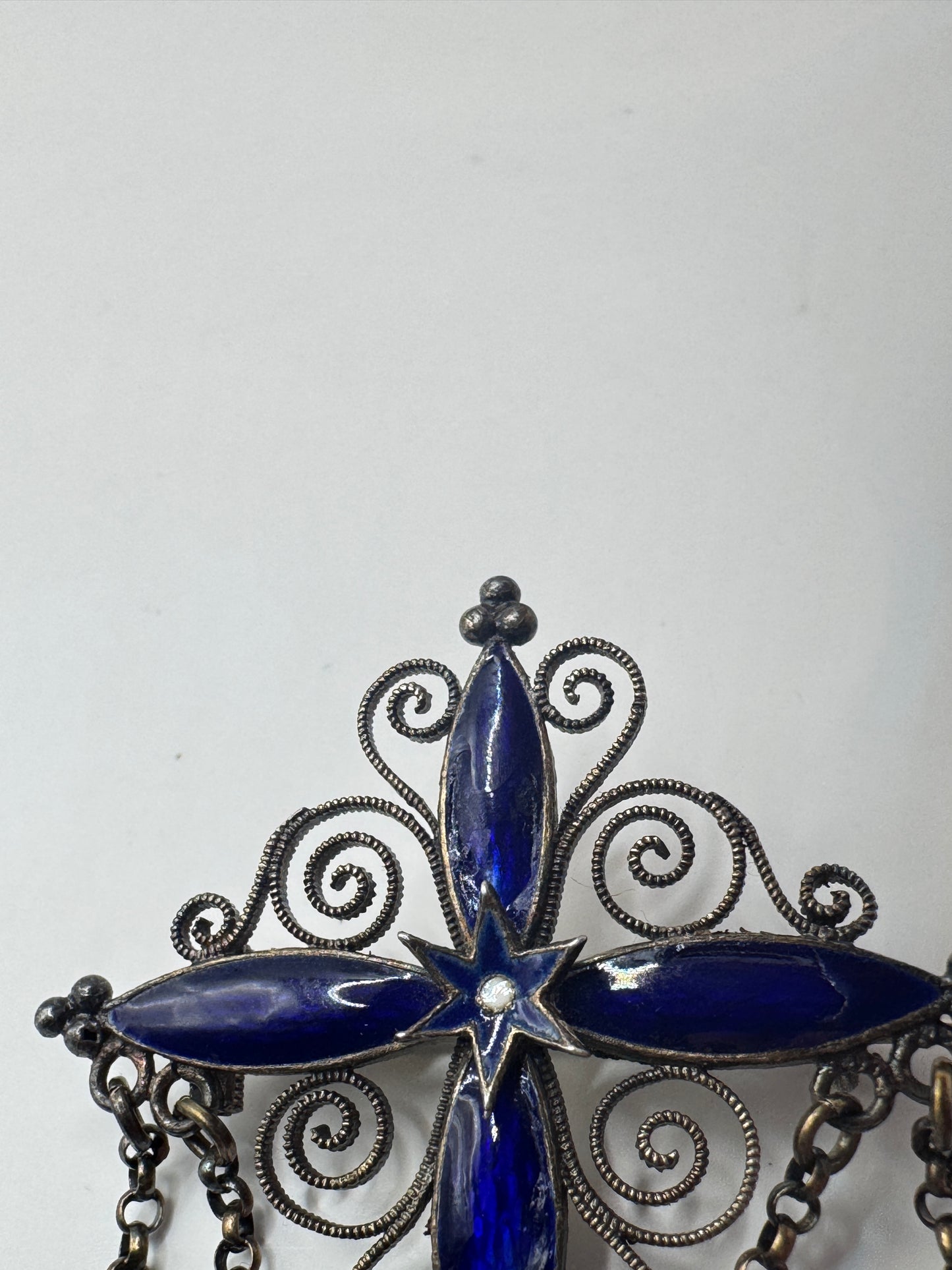 Authentic Antique Marius Hammer Silver 930 Filigree Brooch with Blue Enamel & Thimble Drops, c.1900 – Good Condition