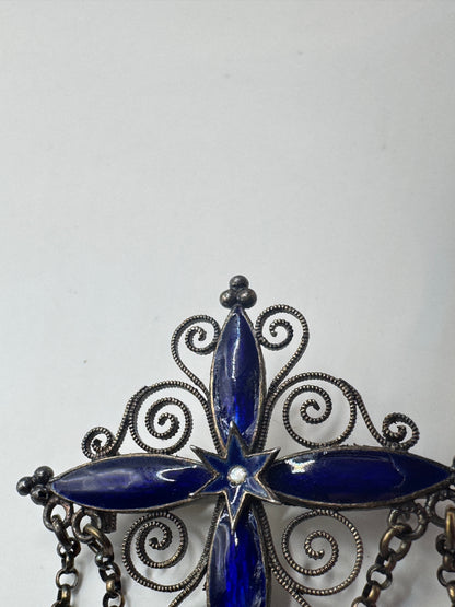 Authentic Antique Marius Hammer Silver 930 Filigree Brooch with Blue Enamel & Thimble Drops, c.1900 – Good Condition