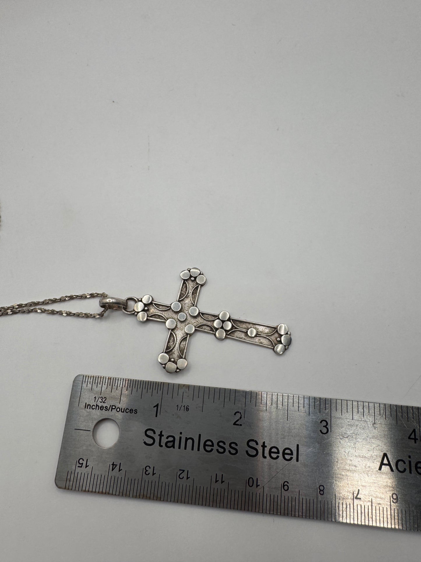 Large Vintage Sterling Silver Cross Necklace – Ornate Design, 925