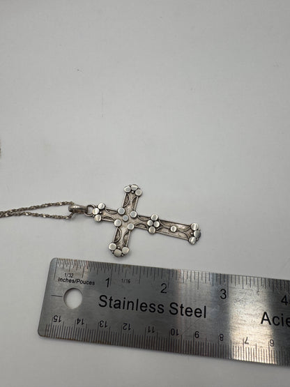 Large Vintage Sterling Silver Cross Necklace – Ornate Design, 925