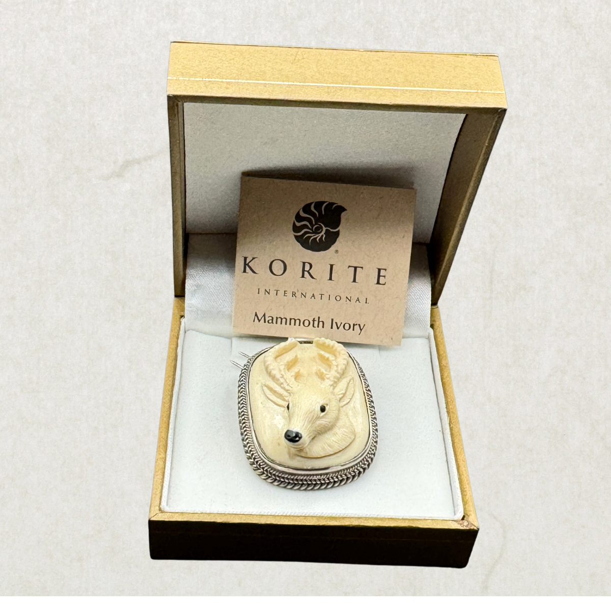 Vintage KORITE Sterling Silver 925 Pendant Brooch – Fossil Mammoth Ivory Deer Carving – CITES Exempt – Large Wildlife Statement Piece – New Old Stock