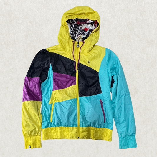 Vintage Volcom Women’s Hooded Jacket – Size L, Colorblock Windbreaker, Graphic Lined (Excellent)