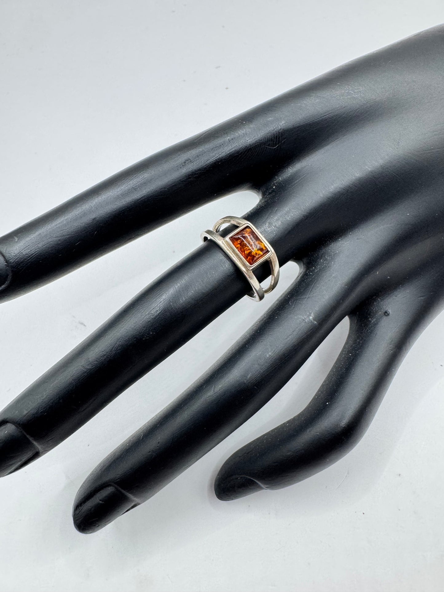 Sterling Silver Rectangular Amber Open Band Ring Size 6