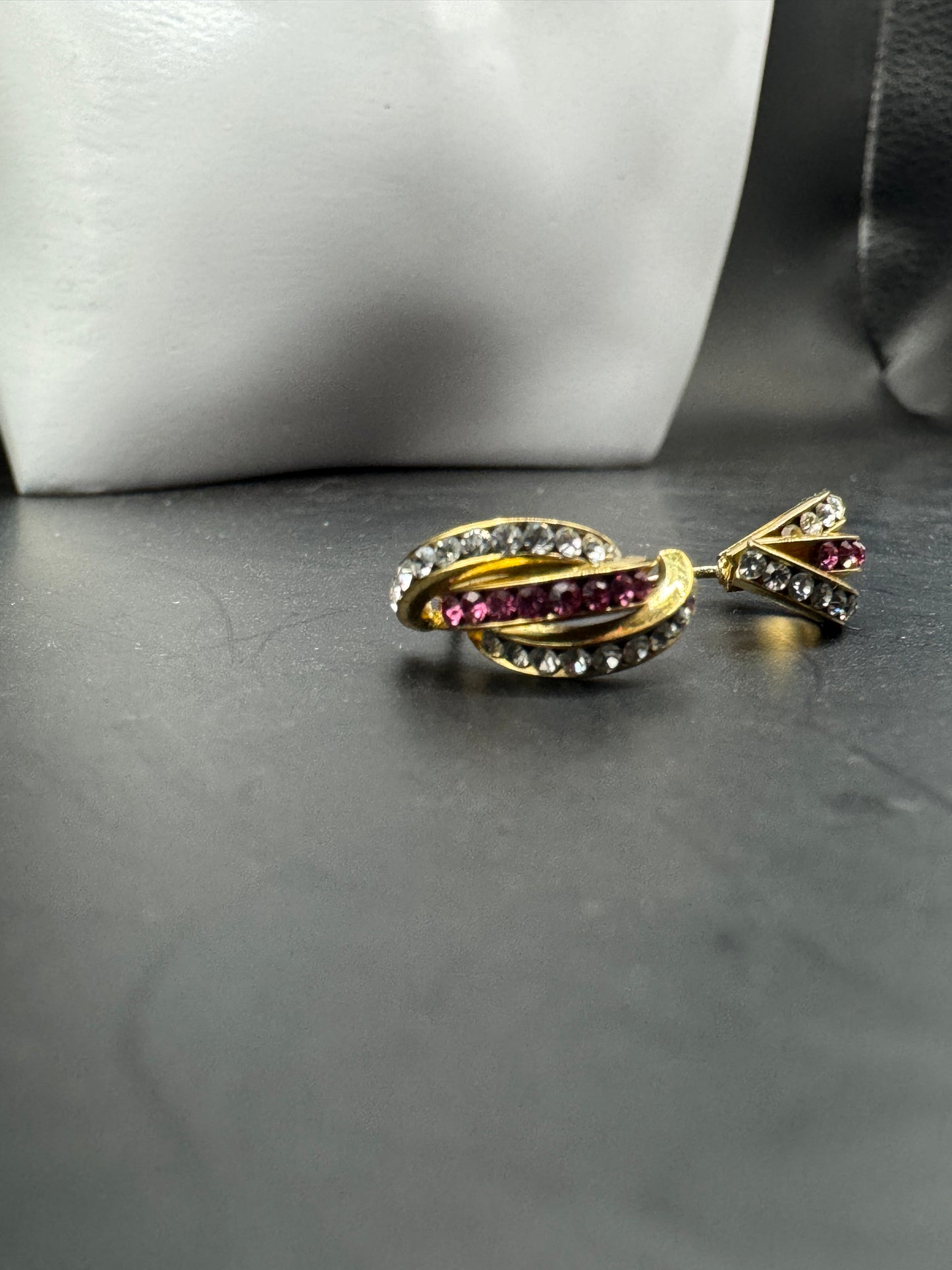 Vintage 14K Gold Filled Crystal & Pink Rhinestone Earrings – Elegant Half Hoop Studs