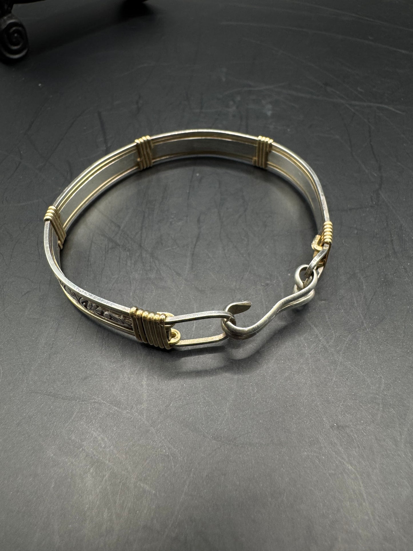 Vintage Sterling Silver Bracelet with 14k Gold-Filled Accents – Floral Engraved