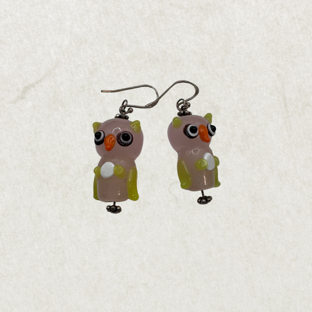 Vintage Handmade Sterling Silver 925 Murano Glass Owl Earrings