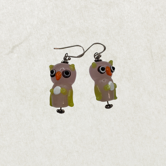 Vintage Handmade Sterling Silver 925 Murano Glass Owl Earrings