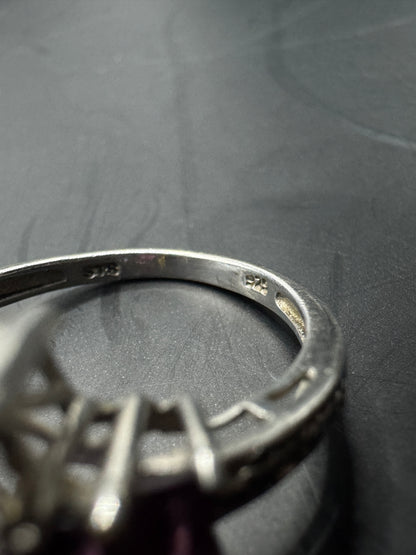 Vintage Sterling Silver Ring with Large Purple Stone & Pink Side Accents – Statement Cocktail Ring Sz 7