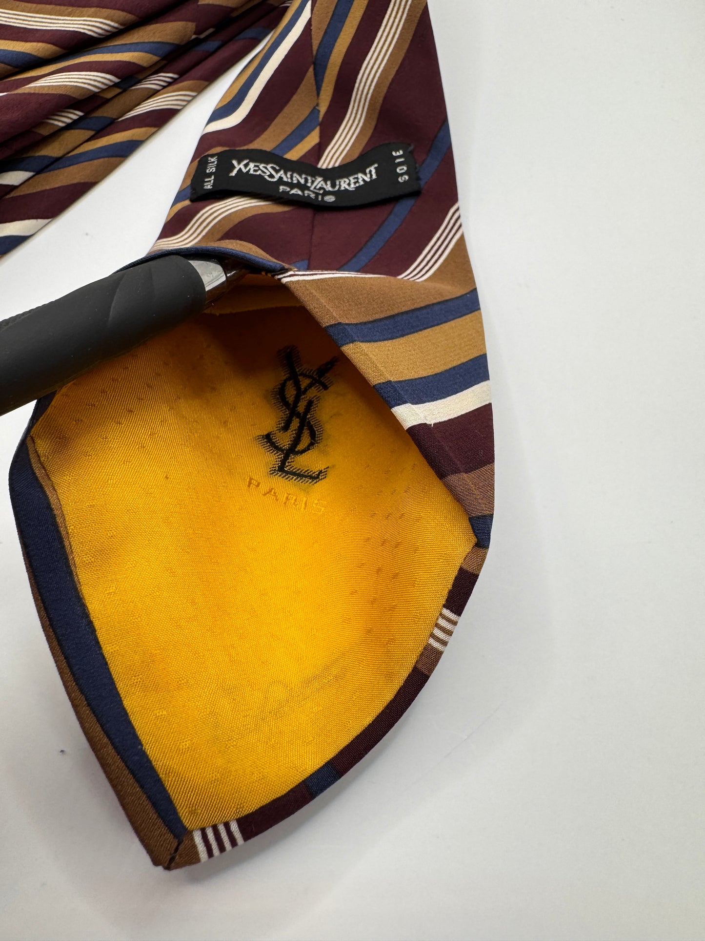 Vintage Yves Saint Laurent 100% Silk Tie – Burgundy & Gold Striped, 55” x 3.5”