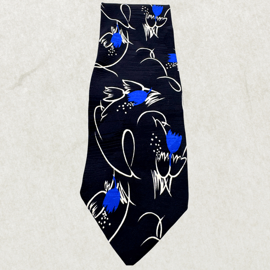 Vintage Gino Rossini Italian Silk Tie – Abstract Blue Floral, 56” x 3.5”, Made in Italy