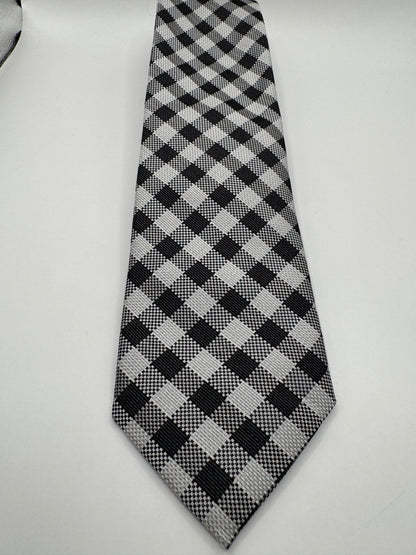 Black Brown 100% Silk Tie – Black & White Checkered, 59” x 3.5”