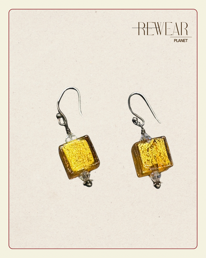 Handmade Sterling Silver Art Glass Earrings – Gold Foil Murano Style Dangle Earrings