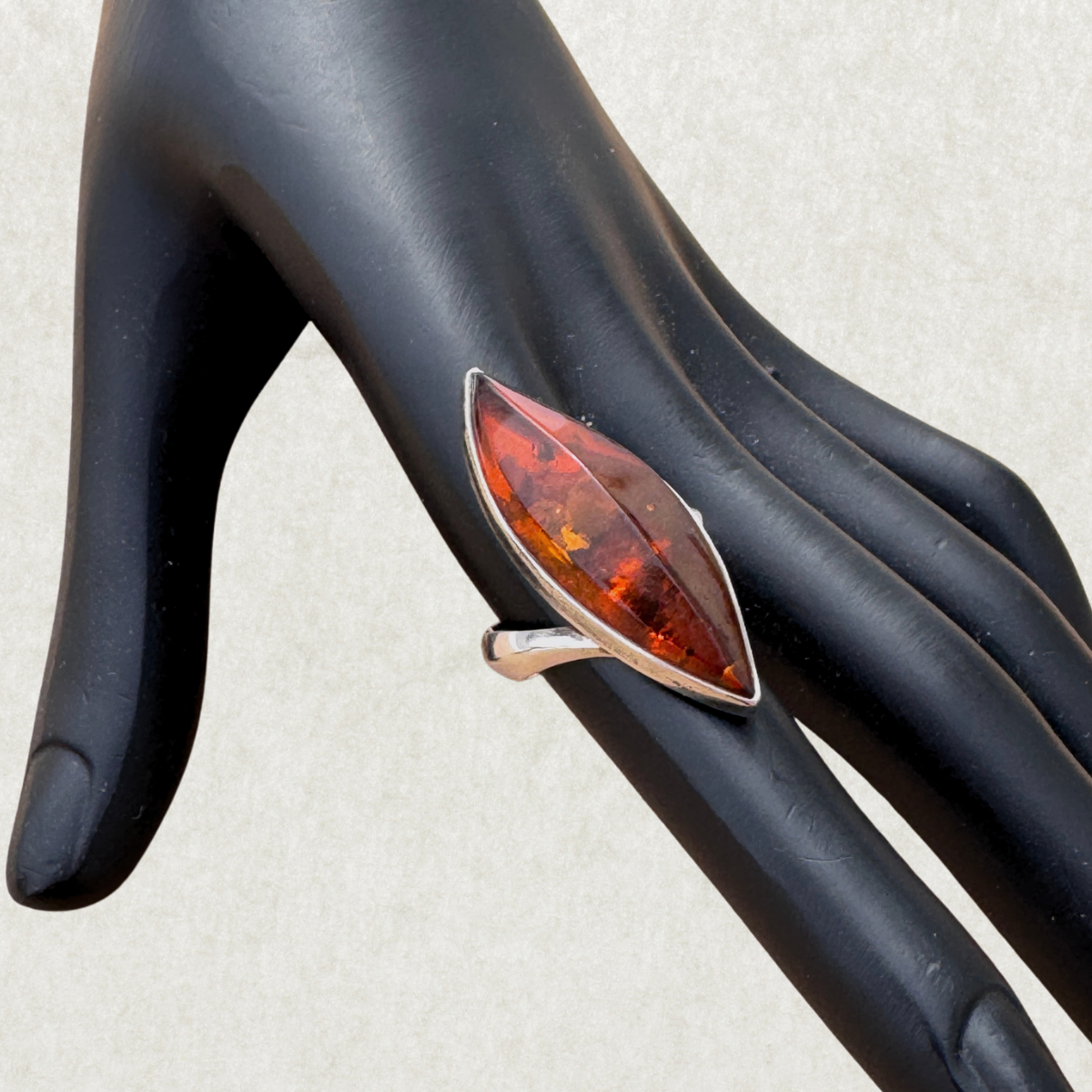 Sterling Silver Ring with Marquise Amber, Size 8.5