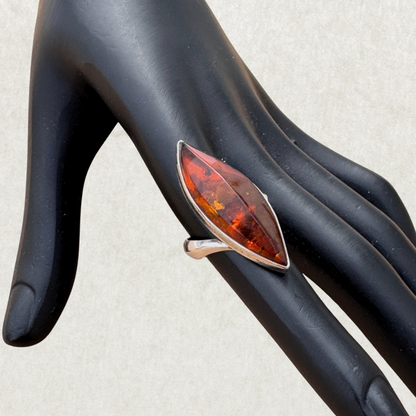 Sterling Silver Ring with Marquise Amber, Size 8.5