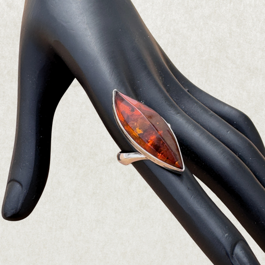 Sterling Silver Ring with Marquise Amber, Size 8.5