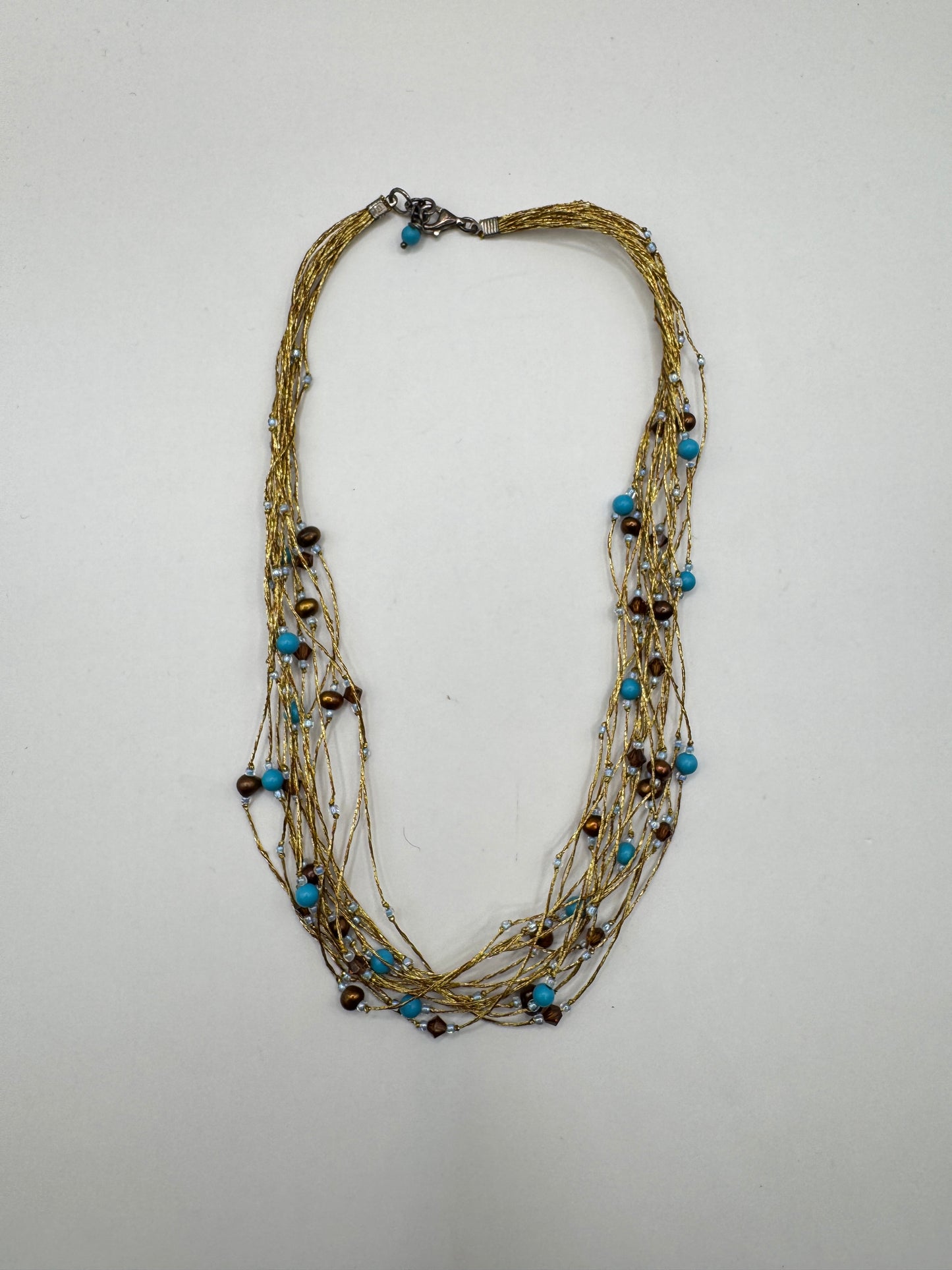 Vintage Multi-Strand Necklace with Turquoise & Pearl Beads – 925 Clasp