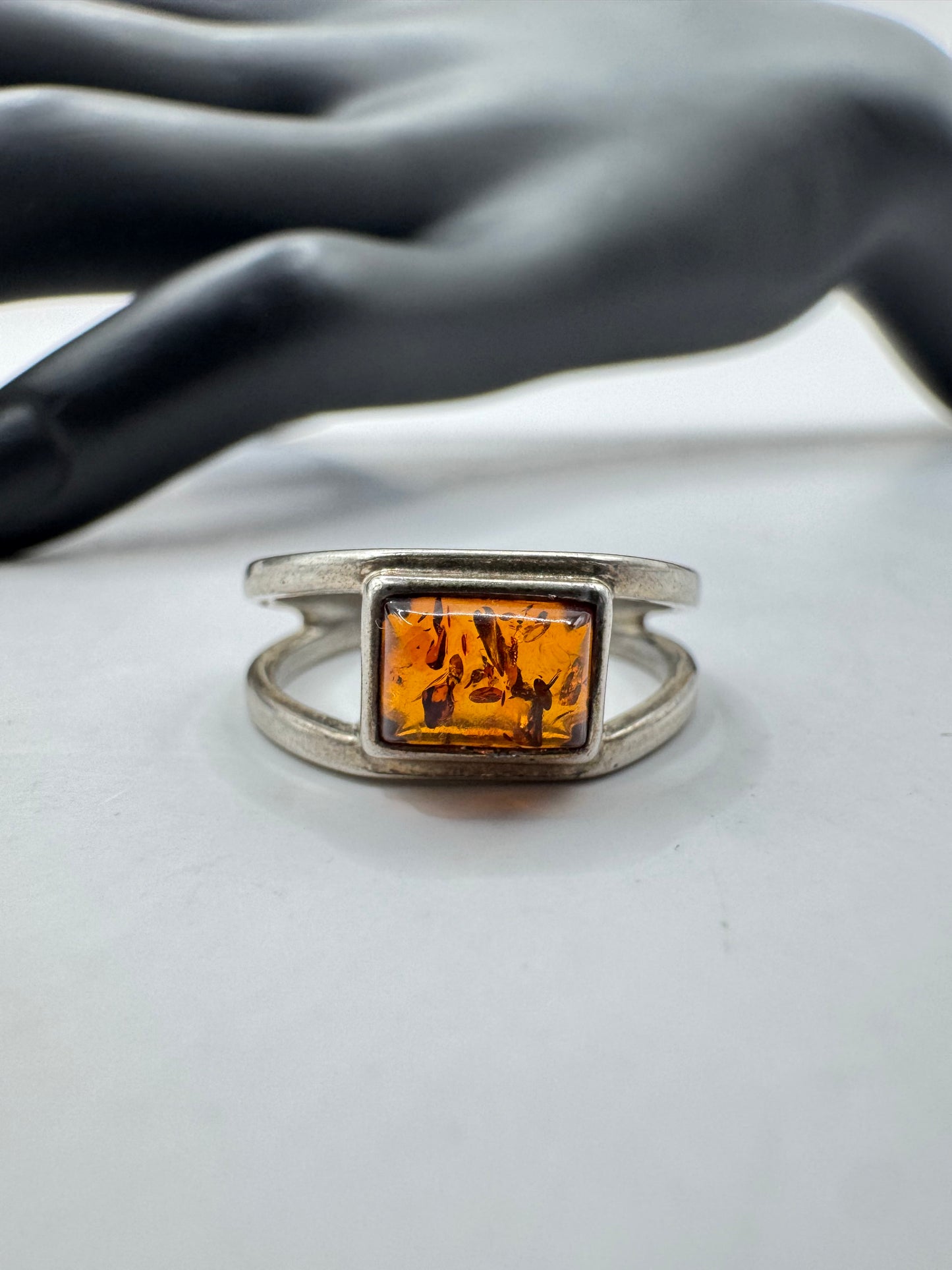 Sterling Silver Rectangular Amber Open Band Ring Size 6