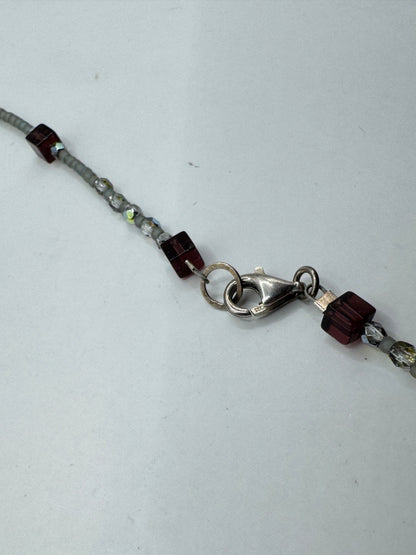 Vintage Art Glass Necklace – Lampwork Blue Floral Beads, Sterling Silver Clasp 925, 21”