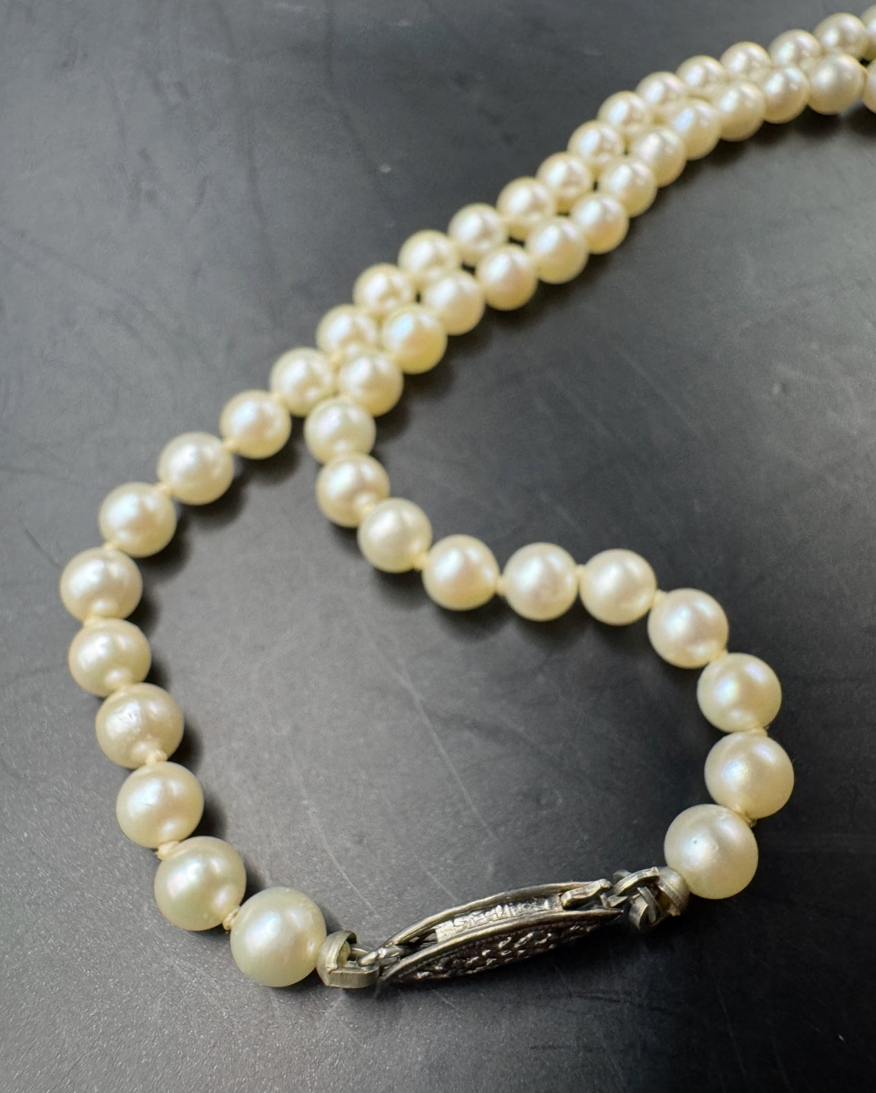 Vintage Mid-Century Pearl Necklace with Sterling Silver Clasp – 16.5” Choker Length
