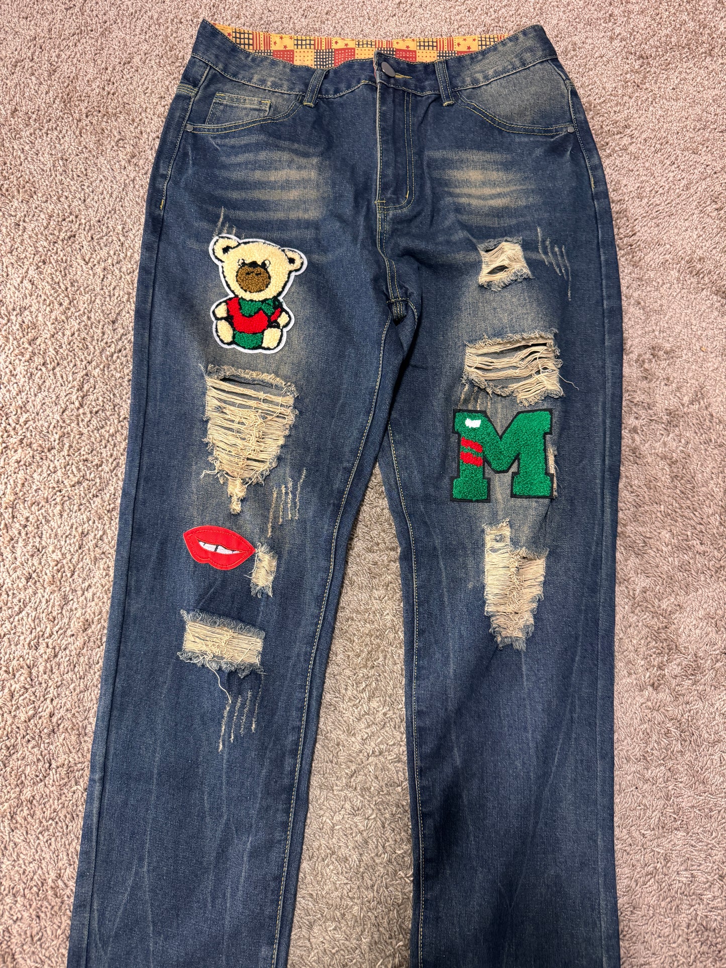 Men’s Distressed Patchwork Jeans – Size 34, Dark Wash, Slim Straight, Ripped Denim w/ Bear Patch