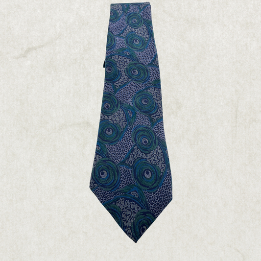 Vintage Hennessy Couture 100% Silk Tie – Blue & Green Abstract Pattern, 56” x 3.5”