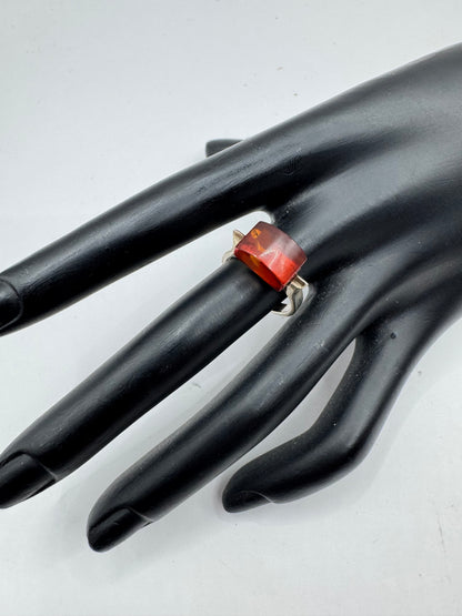 Sterling Silver Amber Barrel Ring Size 7