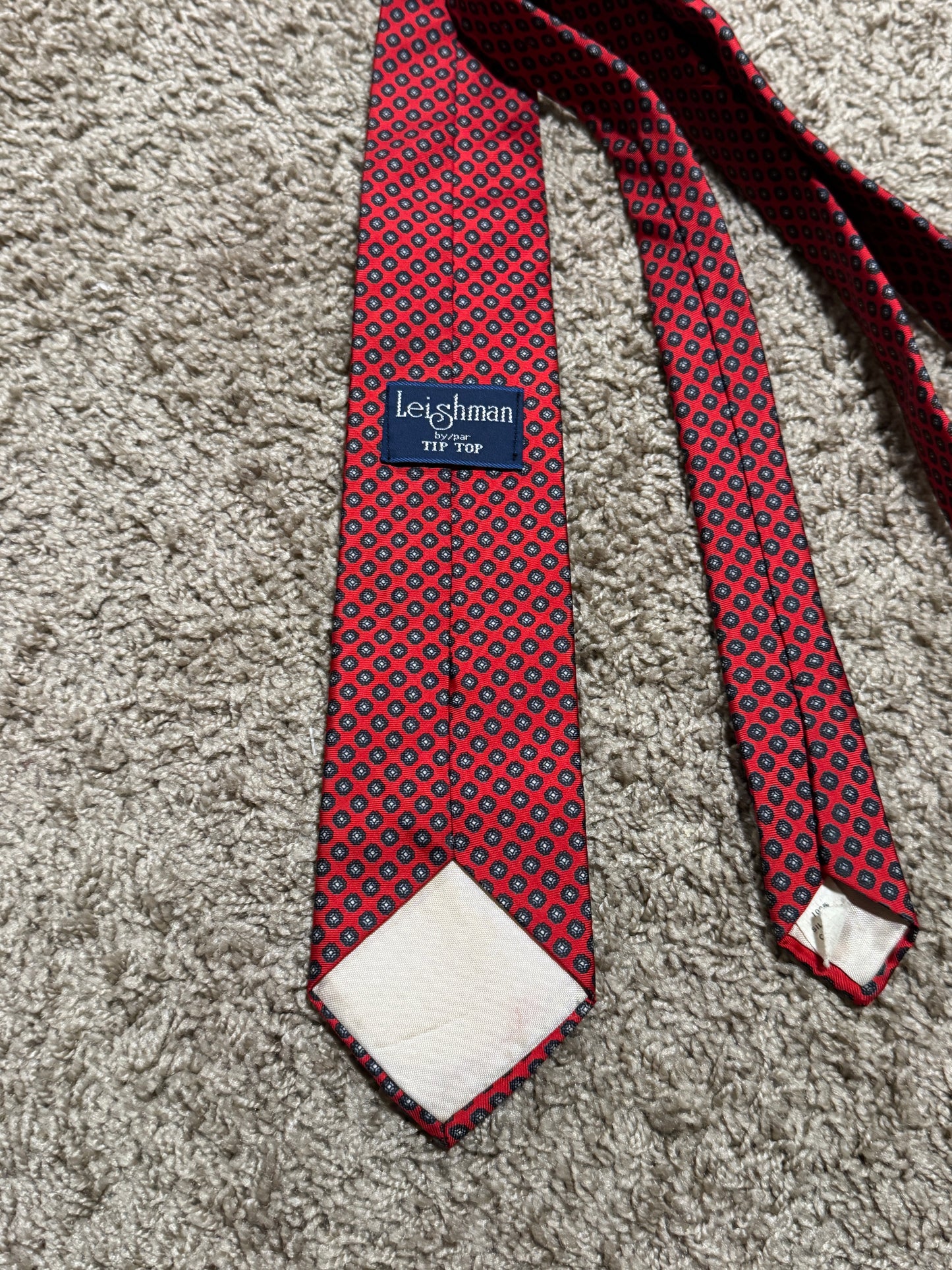 Vintage Leishman by Tip Top 100% Silk Tie – Red Geometric Pattern Designer Necktie 58” x 3”