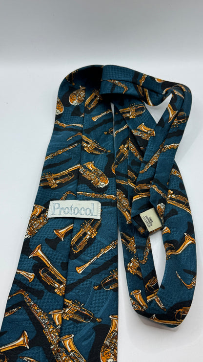 Vintage Protocol Musical Instrument Tie, Blue Novelty Print