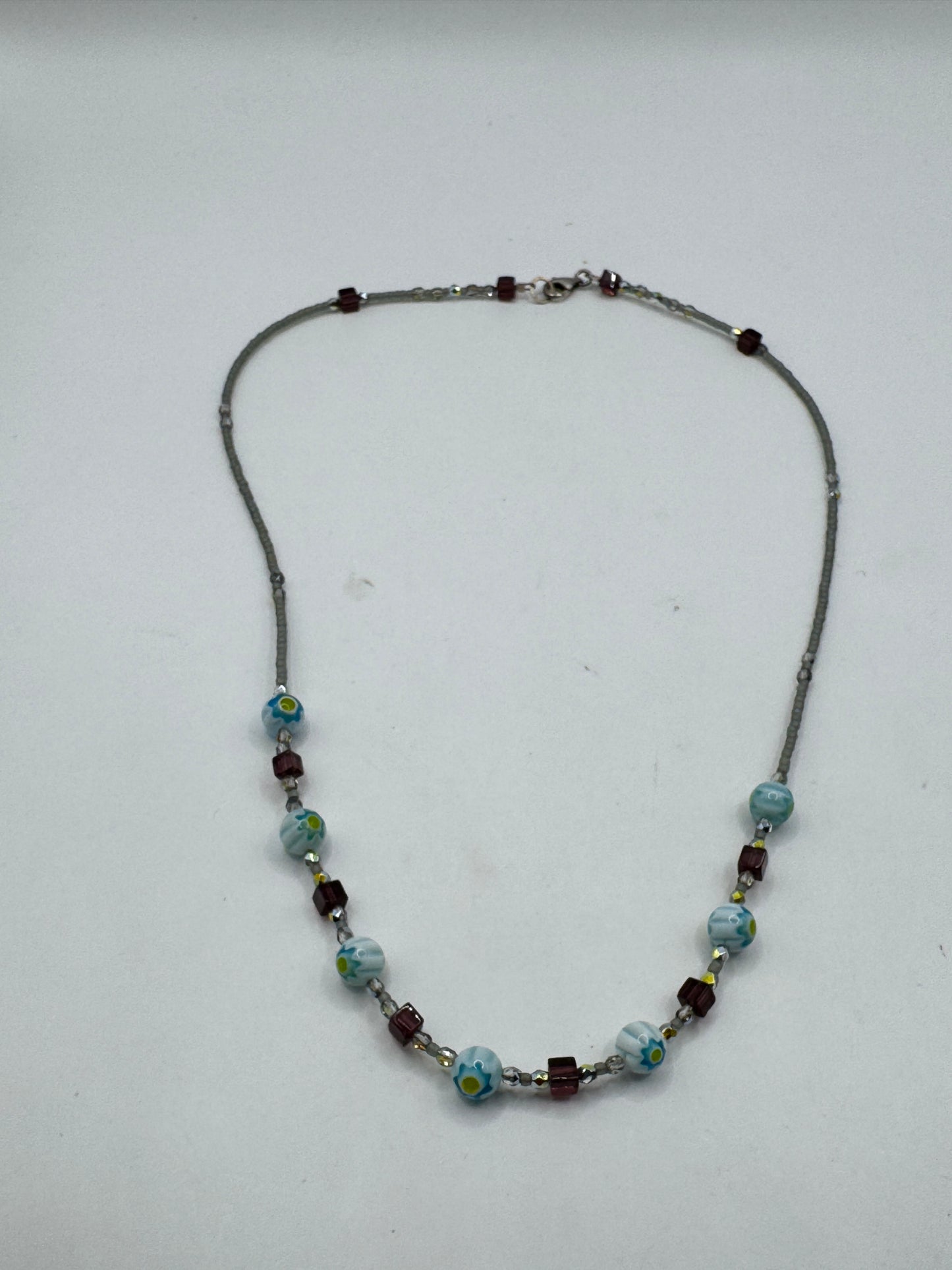 Vintage Art Glass Necklace – Lampwork Blue Floral Beads, Sterling Silver Clasp 925, 21”