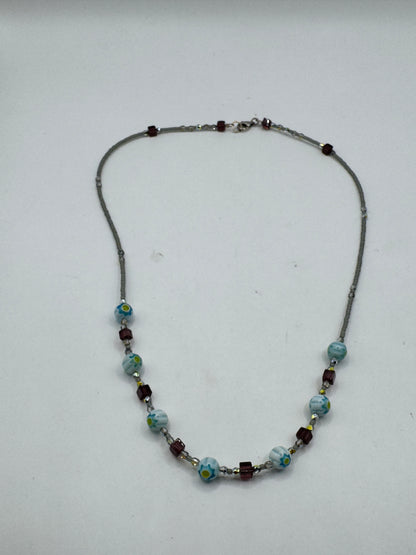 Vintage Art Glass Necklace – Lampwork Blue Floral Beads, Sterling Silver Clasp 925, 21”