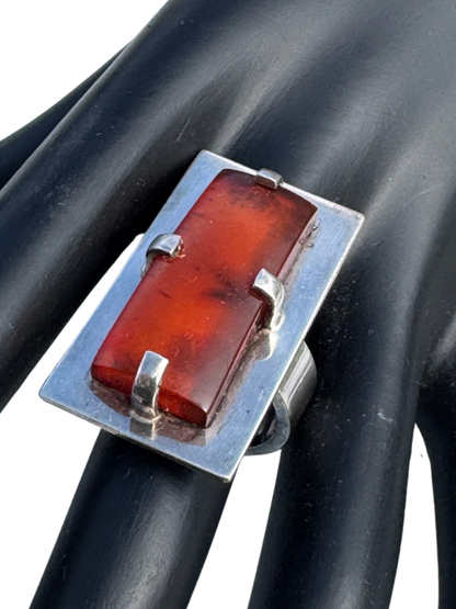 Vintage Mogens Godskesen Danish Modernist Sterling Silver Ring Amber Sz 8